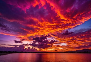 Fototapeta premium vivid sunset setting sky ablaze fiery colors, fire, vibrant, glowing, horizon, evening, dramatic, beauty, atmospheric, nature, scenery, dusk, celestial