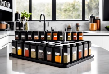 sleek modern kitchen spice organizers white background, stylish, contemporary, culinary, storage, shelves, minimalist, chic, elegant, efficient, design, pantry