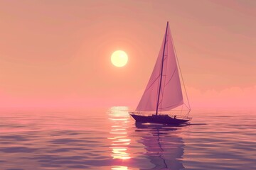 Fototapeta premium A sailboat drifting lazily on calm waters, its sails glowing in the setting sun, cozy vibe, Generative AI 