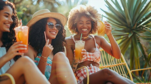 Three women are sitting on a chair, holding drinks and smiling