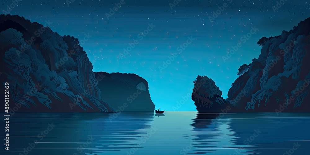 Wall mural Nighttime Serenity: Boat Between Rock Formations