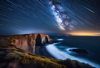 Fototapeta premium starry skies above windswept cliff, stars, night, celestial, atmosphere, view, horizon, landscape, nature, outdoors, scenic, astronomy, cosmos, universe