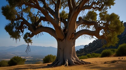 Obraz premium Very old, ancient coconut tree on the Golgo plateau in Ogliastra, close to Baunei