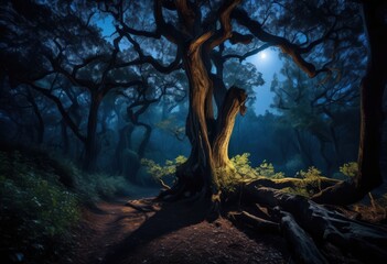 Fototapeta premium enchanting moonlight filtering through ancient trees forest night, shadows, mystical, dark, branches, nature, peaceful, magical, tranquil, scenery, woodland, serene