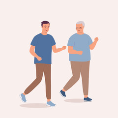 Smiling Older Father And Adult Son Running Together.