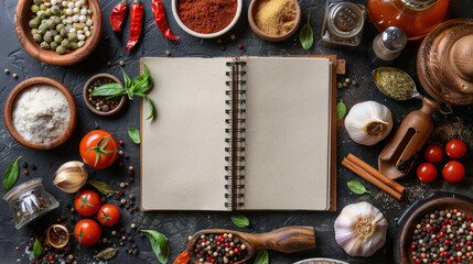 Spiral-bound blank notebook surrounded by ingredients and spices, Blank notebook, Recipe creation.