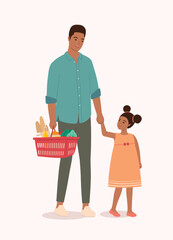 Smiling Black Father And Little Daughter Holding Hands Together Going For A Groceries Shopping.