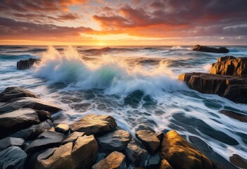 Obraz premium tranquil ocean waves crashing rocky shoreline, coast, beach, water, nature, coastal, seashore, seaside, serene, calm, peaceful, horizon, tide, splash