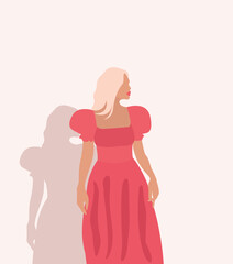 Illustration of a girl in a pink dress on a light pink background.