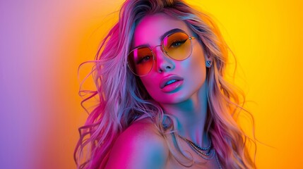 Portrait of a Beautiful Woman with Long, Wavy Hair and Fashion Sunglasses. Neon Colors, Studio Shot.
