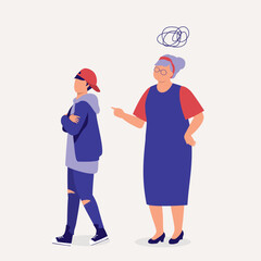 Grandmother Mad At Her Teenage Grandson. Disrespectful Teenage Boy Walking Away From His Grandma.