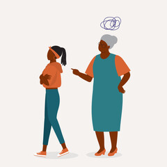 Black Grandmother Mad At Her Teenage Granddaughter. Disrespectful Teenage Girl Walking Away From Her Grandma.