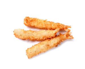 Tasty breaded fried shrimps isolated on white, top view