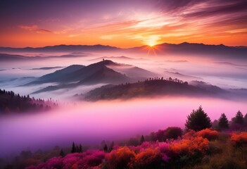 majestic sunrise casting light over misty valley, foggy, scenic, landscape, nature, dawn, serene, beautiful, panorama, morning, view, horizon, sky, glow