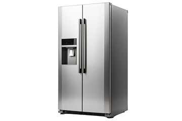Fototapeta premium A Modern Stainless Steel Refrigerator With Dual Doors and a Built-In Water Dispenser on a Clear PNG or White Background.