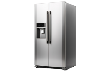 A Modern Stainless Steel Refrigerator With Dual Doors and a Built-In Water Dispenser on a Clear PNG or White Background.