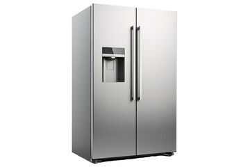 A Sleek, Stainless Steel Side-by-Side Refrigerator With a Water Dispenser on a Clear PNG or White Background.