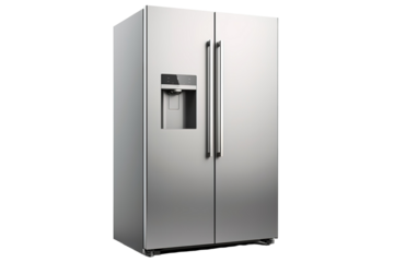 A Sleek, Stainless Steel Side-by-Side Refrigerator With a Water Dispenser on a Clear PNG or White Background.