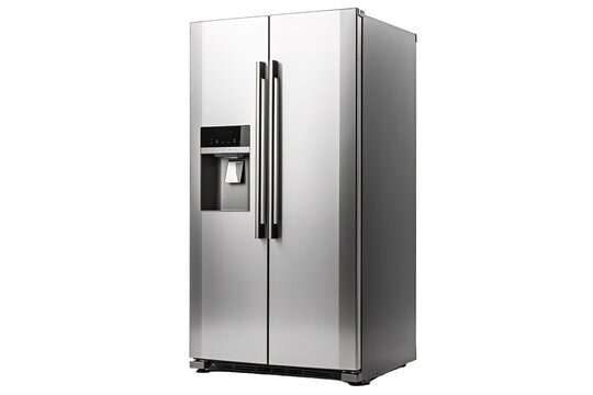 A Modern Stainless Steel Refrigerator With Dual Doors and a Built-In Water Dispenser on a Clear PNG or White Background.