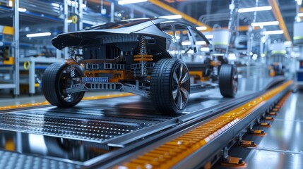 Advanced smart factories automate EV production lines for high-performance electric car manufacturing, integrating battery installation seamlessly into vehicle assembly.