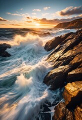 Obraz premium powerful ocean waves splashing dramatically rocky shoreline, rocks, water, motion, nature, sea, scenery, coast, impact, energy, movement, force, dynamic