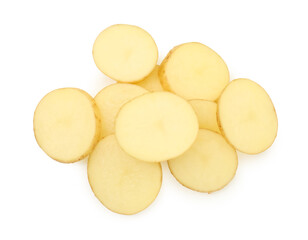 Pile of fresh cut potato isolated on white, top view