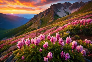 vibrant spring blossoms decorating mountain ridges, blooming, colorful, springtime, mountainous, floral, scenic, decorated, flourishing, ornamental