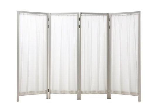 A Four-Panel Room Divider With Sheer White Fabric Panels on a Clear PNG or White Background.