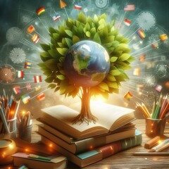 Obraz premium International books and trees with books like leaves Smart knowledge and education day concept.