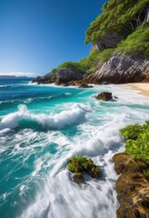 Fototapeta premium scenic waves rolling into secluded cove, ocean, water, beach, nature, peaceful, tranquil, coastline, shore, beautiful, isolated, remote, landscape, rocks,