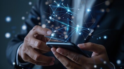 Hand of businessman using smartphone for digital wallet connection. Mobile banking, online finance, e-commerce, smart transactions, e-wallet, financial technology, economic connectivity. 