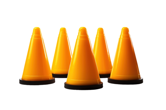 A Row of Five Bright Yellow Cones on a White Background on a Clear PNG or White Background. - Powered by Adobe