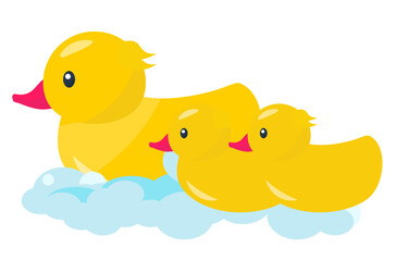 お風呂場で浮かぶアヒル。泡とアヒルの赤ちゃん。ベクターイラスト