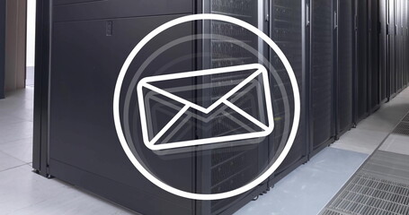 Image of envelope email icon over computer server room