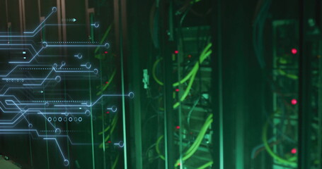 Image of glowing motherboard over dark computer server room