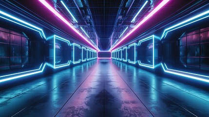 Fototapeta premium futuristic neon lit corridor with reflective floor vibrant blue and pink glow for sci-fi background