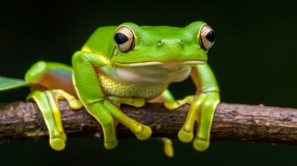 Obraz premium A green frog is sitting on a branch. The frog is looking at the camera. The image has a calm and peaceful mood