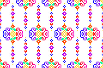 Cross Stitch pattern with Floral Designs. Traditional cross stitch needlework. Geometric Ethnic pattern, Embroidery, Textile ornamentation, fabric, Hand stitched pattern, Cultural stitching pixel art.