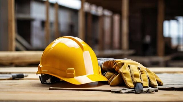 Yellow helmet and gloves on wooden surface on blurred construction background representing safety of construction industry and equipment