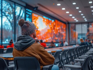 Bearded man in a beanie watching a video display in a modern, large conference room with big windows.