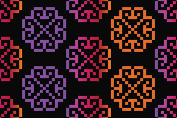 Cross Stitch pattern with Floral Designs. Traditional cross stitch needlework. Geometric Ethnic pattern, Embroidery, Textile ornamentation, fabric, Hand stitched pattern, Cultural stitching pixel art.