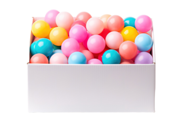 A Colorful Cascade of Playful Balls Overflowing From a White Box on a Clear PNG or White Background.