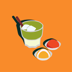 Matcha and mochi. Japanese traditional food. Vector color illustration.