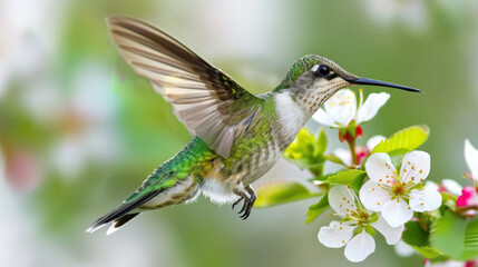 Fototapeta premium Close-up of hummingbird and blooming flowers, macro photography