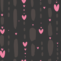 Seamless pattern with line and pink hearts on dark background, Valentine