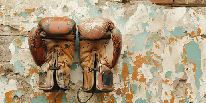 Old brown boxing gloves are hanging on an old wall, the paint has peeled off.  Copy space.