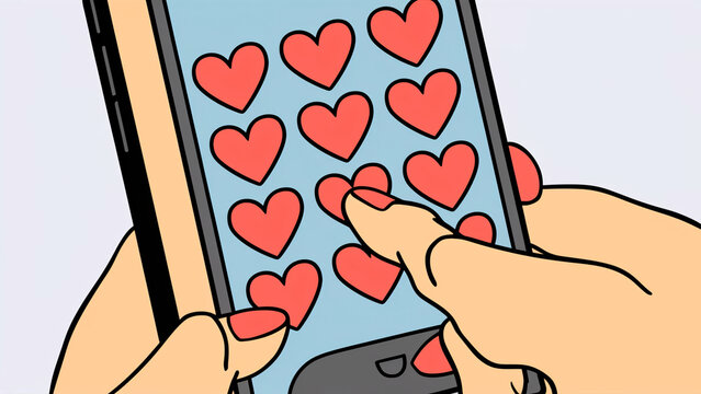 Comic-style illustration of hands with red nails tapping hearts on a smartphone screen, representing social media likes and digital affection. Perfect for illustrating online interaction, social media