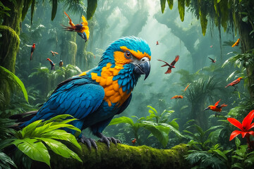  rare birds in lush rainforests and jungles. Brightly colored parrots sit on trees