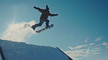 Snowboard rider is jumping over ramp during winter extreme sport games. 