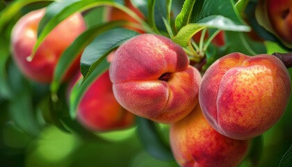 Ripe peaches with a velvety texture hang from the branches of a tree, surrounded by lush green leaves, capturing the essence of summer and nature's bounty in an orchard.